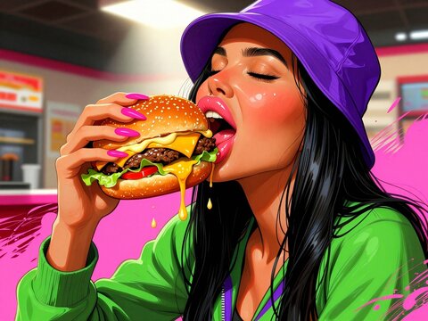 woman eating hamburger