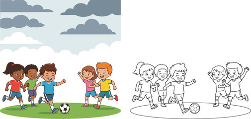 Obraz premium children playing football in the garden, girl and boy, children playing in the park, children playing in the forest, coloring book, clip art, line art.