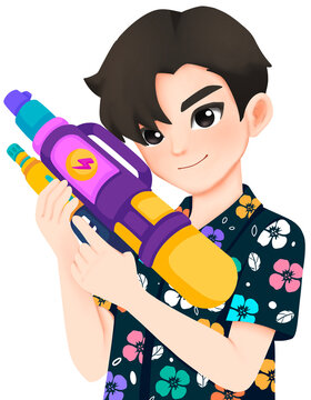 Cartoon illustration boy playing water gun