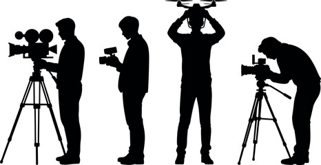 Professional videographer silhouettes operating cinema camera on tripod handheld gimbal and flying drone for movie production and commercial filmmaking © BIPUL