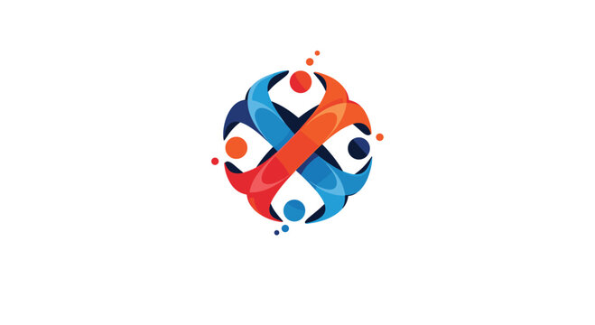 Abstract community logo featuring four stylized human figures joining hands in a colorful circular motion for unity.
