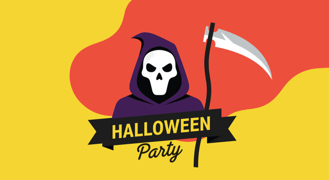 Spooky Halloween party poster with a grim reaper character holding a scythe against a bold red and yellow background.