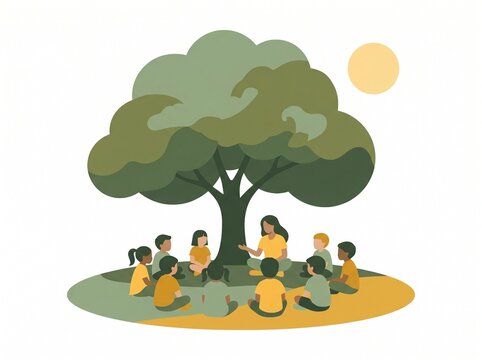 Outdoor Education Class with Teacher and Kids Under Tree