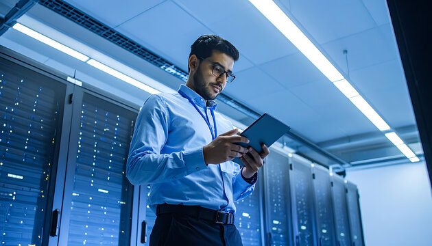 IT technician reviewing data on a tablet in a server room with rows of blinking lights, technology concept