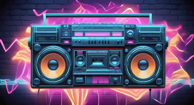 Neon vintage boombox in a cyberpunk urban glow.4k video.

