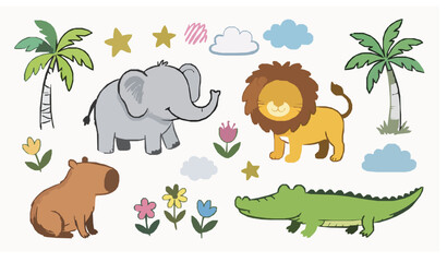 Cute African animal doodle vector set with childish hand drawn safari cartoon stickers © Tanjimul