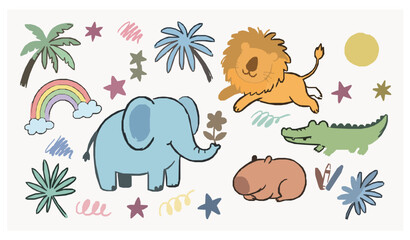Hand drawn safari doodle animals vector collection with cute nursery cartoon elements © Tanjimul