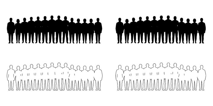 People crowd silhouettes graphic with varied body shapes and dense group formation, vector style for social and demographic themes