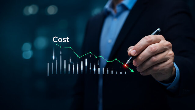 Businessman drawing a downward trend line on a digital screen to represent cost reduction and business optimization