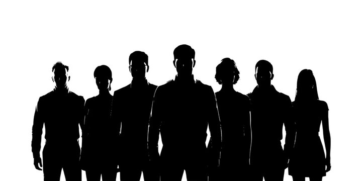 People silhouette group standing together in a line with diverse figures featuring black, white, background with unity and team elements for