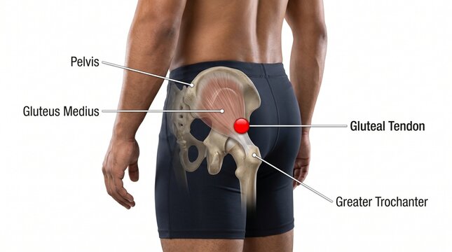 Anatomical illustration of a man's lower back and pelvis shows the gluteal tendon and greater trochanter in detail for educational purposes.