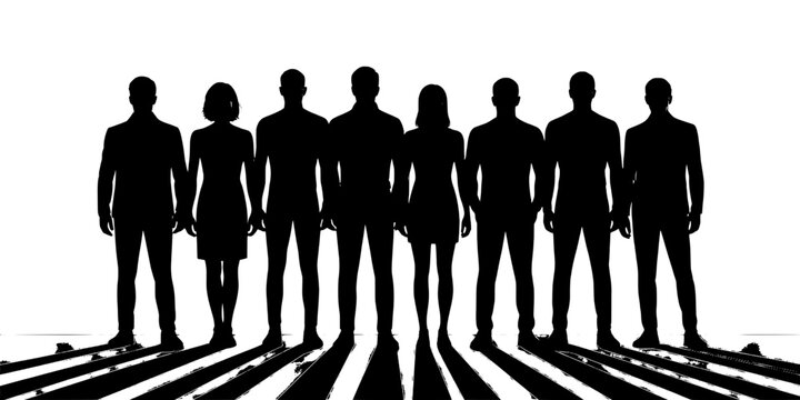 People standing in a row with silhouettes on a striped background featuring group, human figures, black and white with unity and diversity elements