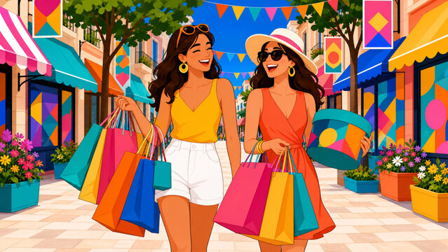 Friends Summer Sale Shopping Bags Joyful Street Vector Illustration