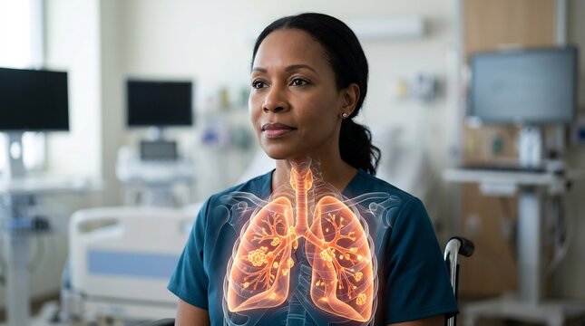 Doctor oversees a patient in a modern clinical room where a bright glowing holographic projection of human lungs appears on the patient's torso to demonstrate respiratory system health status.