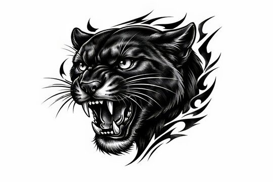 cabeza de puma negro de tatuaje en fondo blanco
