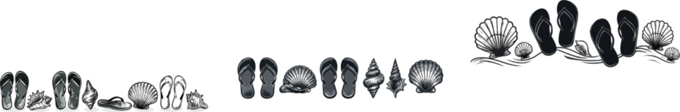A seamless summer-themed graphic featuring flip-flops and seashells in a repeating pattern with clean sharp edges, ideal for image tracing