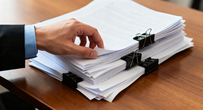 Close-up of a business professional's hand managing an imposing stack of neatly organized official documents, reflecting diligence in administrative duties and office management