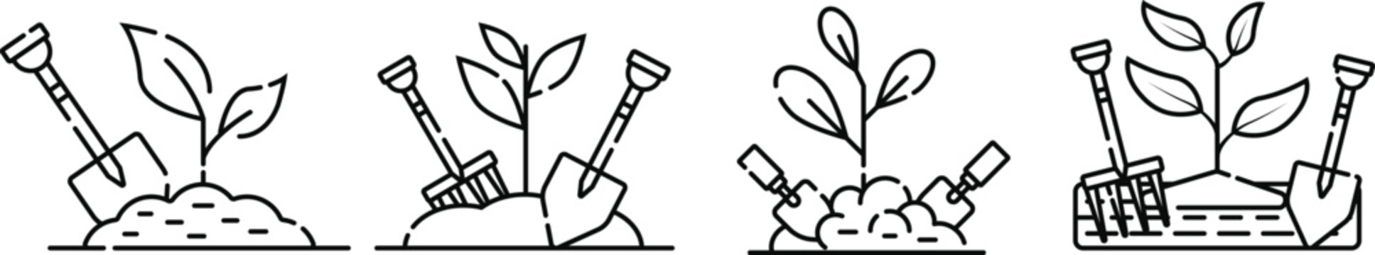 Hand Drawn Tree Planting Icons Set Vector Illustration, Environmental Conservation and Sustainable Gardening Line Art Collection