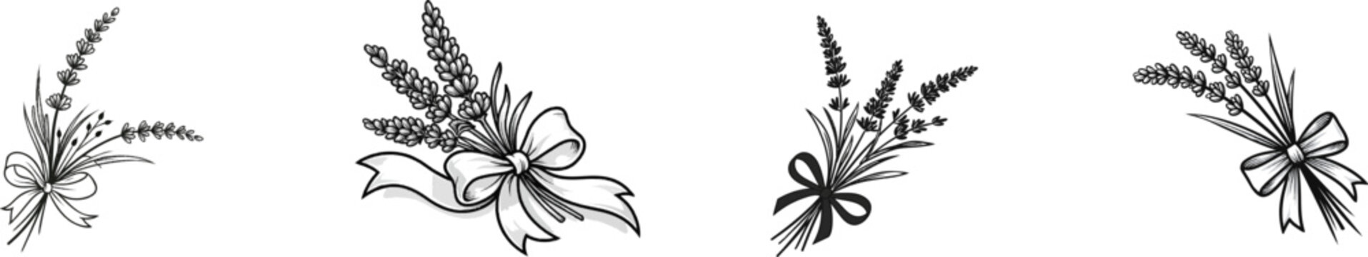 A playful doodle of lavender sprigs tied with a ribbon bow corner piece, hand-drawn in herbal style with crisp black ink lines on a stark white background