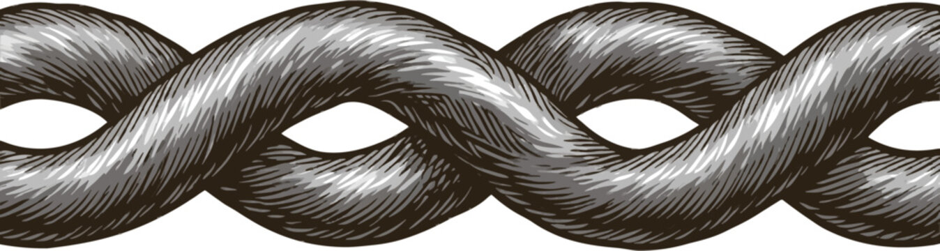 A continuous, repeating abstract twisted pretzel doodle border trim in bakery detailed hand-drawn style with solid black color fill and high-contrast vector design elements on a clean white background