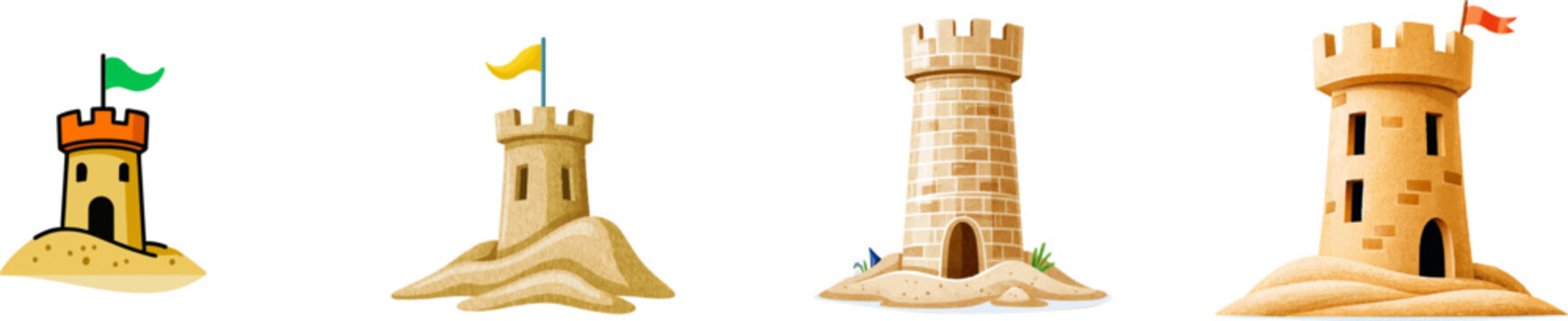 A whimsical sandcastle tower crafted from beige cardboard stands proudly atop a sandy mound, adorned with a green flag fluttering in the breeze against an isolated white backdrop