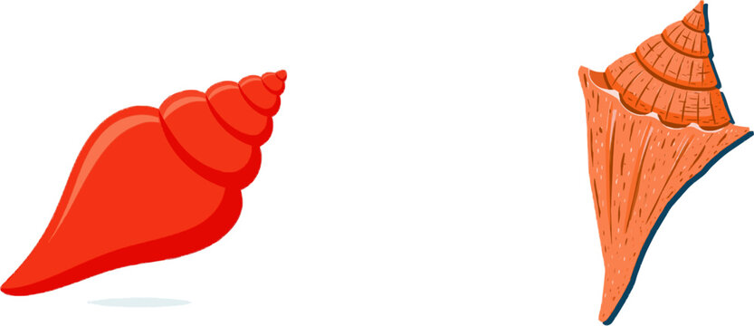 A vibrant red seashell conch from pastel coral cardboard, isolated on a white background, embodies the essence of beach souvenirs in a clean vector illustration