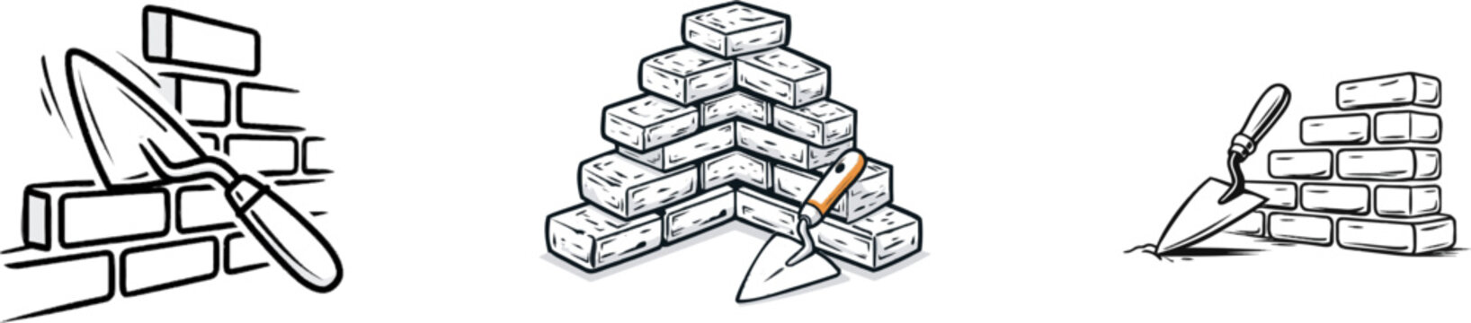 A playful doodle of a trowel and brick wall in geometric construction line art, rendered with crisp sharp lines on a stark white background for automatic vector tracing