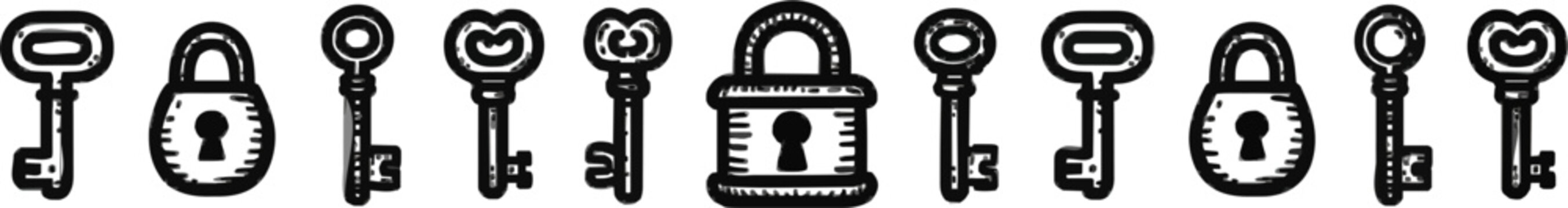 A series of black-and-white key and lock illustrations forms a decorative border with crisp details against a high-contrast white background