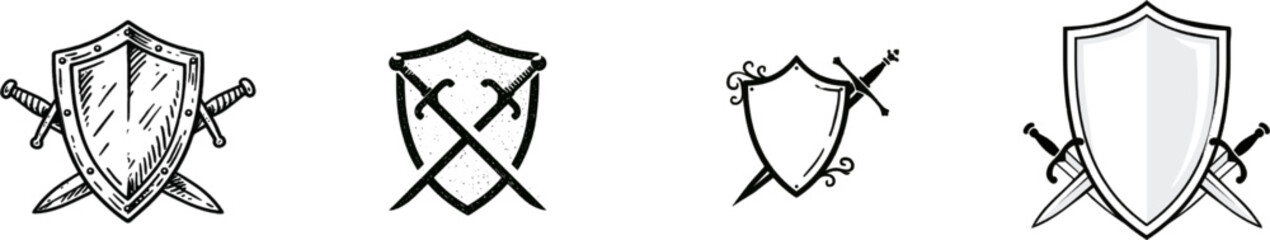 Obraz premium A whimsical medieval shield with crossed swords in a corner vignette, rendered in solid black ink on a pure white background, embodies an elegant vector sticker style