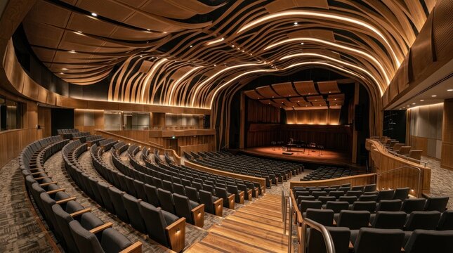 Modern concert hall interior with curved wooden ceiling, seating, and warm lighting design
