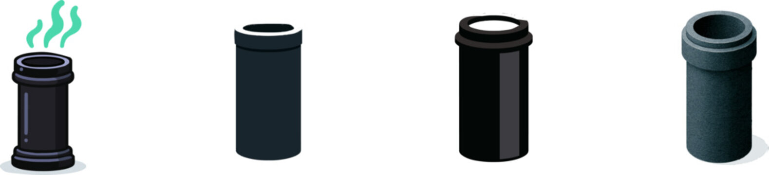 A charmingly simplistic black train chimney from cardboard, adorned with a top rim, emits three delicate green smoke curls against a stark white background