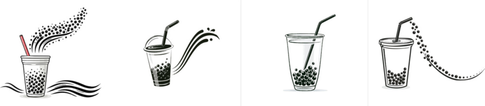 A whimsical doodle bubble tea cup with tapioca pearls and a flowing straw, rendered in minimalist black ink on a crisp white background, exudes a playful charm perfect for automatic image tracing