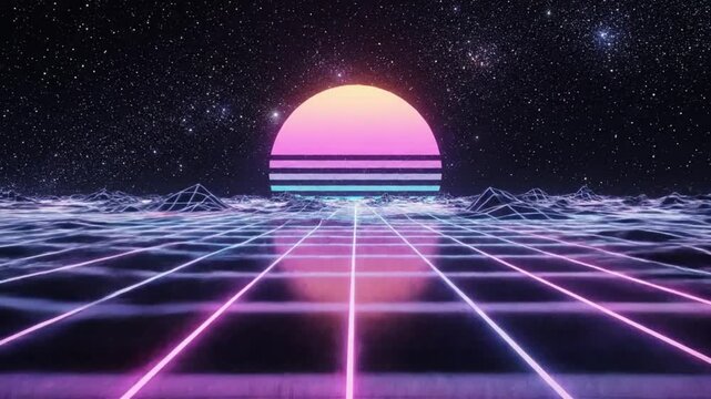 Synthwave Retrofuturistic Landscape with Neon Grid and Glowing Sun