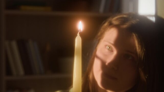 Close up shot of young woman lighting simple wax candle at home using gas lighter with flame on wick flickering to life, dreamy scene with blurred background