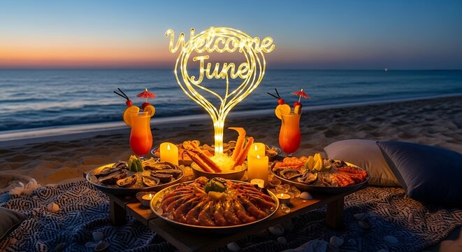 Sunset over fiery ocean with floating lanterns.
