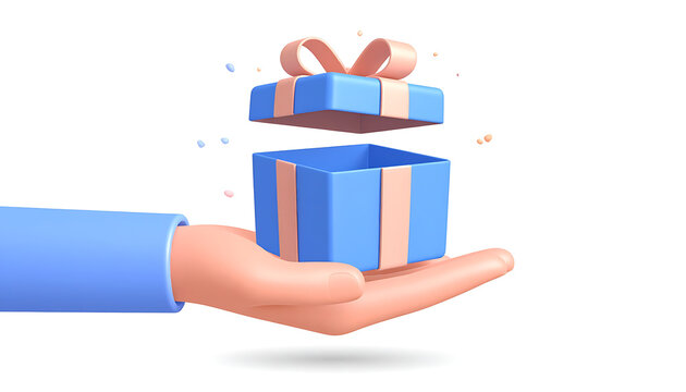 Illustration of a hand holding an open blue gift box with a pink ribbon, confetti exploding outwards, suggesting surprise and celebration