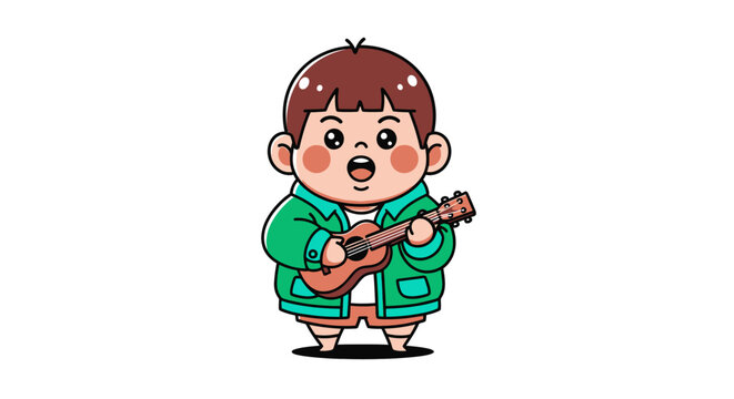 Cute cartoon character happily playing green guitar.