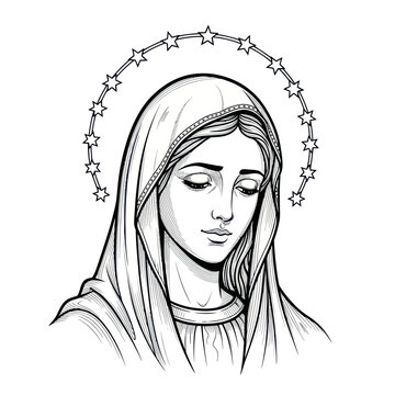 Virgin Mary Black and White Drawing, Star Halo, Religious Iconography