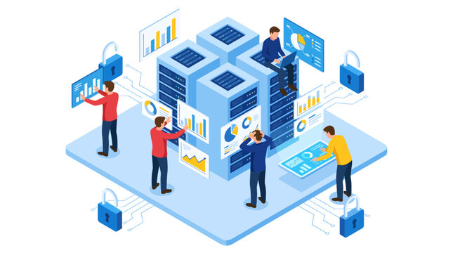 Five IT professionals collaborate around central servers on the circuit board platform, actively analyzing floating digital charts and securing their complex network infrastructure with blue padlocks