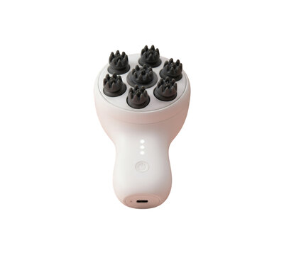 Electric scalp massager with silicone nodes, handheld head massage device for hair growth, portable white body massager for stress relief and wellness isolated on Transparent Background