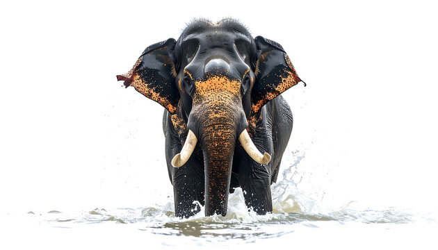 Indian elephant with tusks and decorated ears wading through water, splashing droplets against a clean white background, majestic wildlife portrait