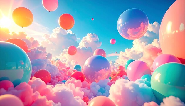 風船 青空 雲海 パステルカラー 浮遊 ファンタジー 祝祭 陽光 夢幻 華やか 多彩 ポップ メルヘン 開放感 幸福感 飛翔 輝き 演出 3Dデザイン 背景素材