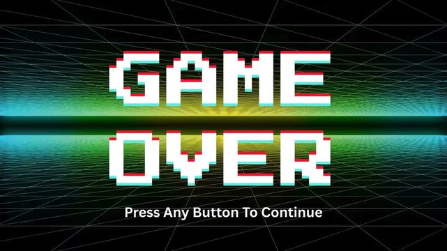 Pixelated Retro Gaming Screen Displaying 'Game Over' Message with Glitch Effect and Press Any Button Prompt on a Futuristic Grid Background for Digital Entertainment Concepts