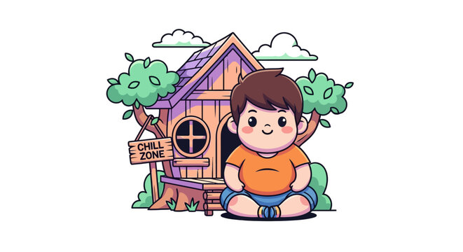 Happy cartoon boy sitting in colorful treehouse home.