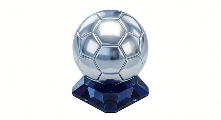 Naklejka premium 3D Isometric Modern Award Trophy, Reflective Silver Soccer Ball Sphere on Crystal Base, Isolated on White