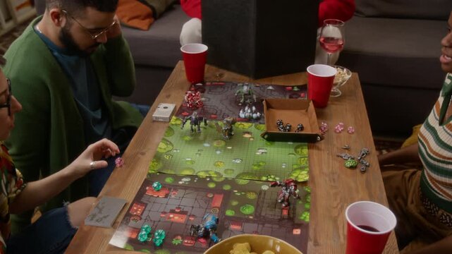High angle zoom out shot of four friends engrossed in role playing tabletop game at wooden coffee table with drinks and snacks in cozy living room