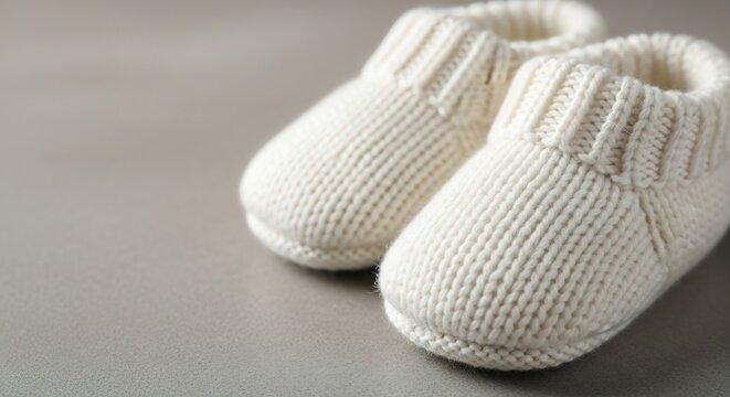 Soft White Knitted Baby Booties Resting on Gray Surface