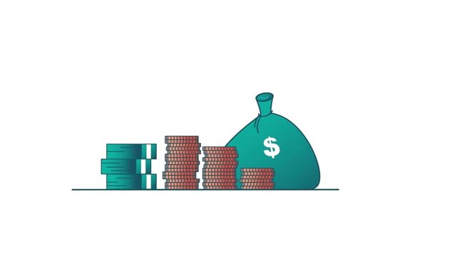Big Money Bag Next to Stacked Coins Financial Assets Wealth and Investment Concept 2D Animation