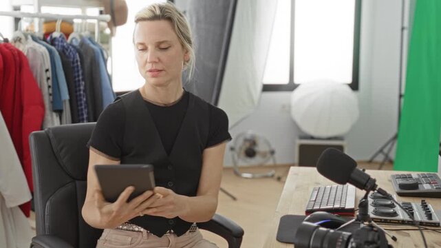 Woman touches tablet with finger while seated at desk near microphone, camera, and clothing rack in studio; creative concentration.