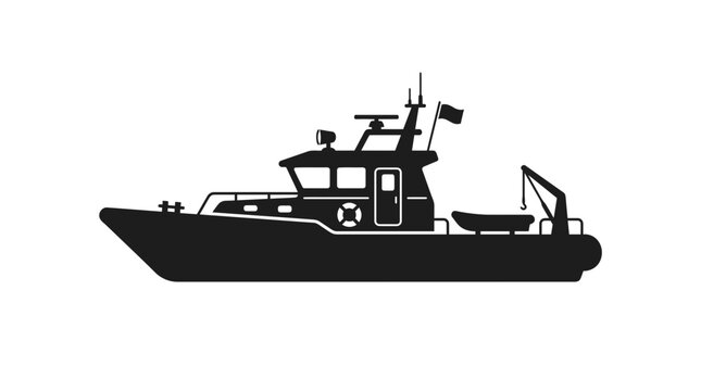 Patrol boat silhouette depicts maritime security, search and rescue operations, and coastal enforcement, acting as a functional graphic resource for naval, port authority, and marine safety.